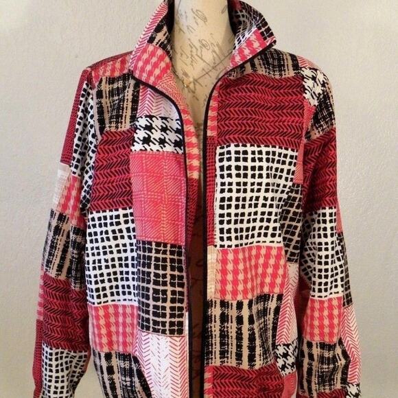 VTG Koret Sport Red Bomber Wind Breaker Jacket Women Size Medium Plaid Patchwork - Picture 2 of 7